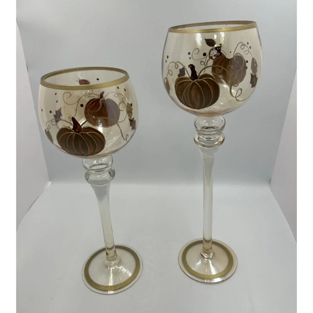 Hand Painted Pumpkin Glass Hurricane Candle Holders Fall Decor 14” 16” Set 2